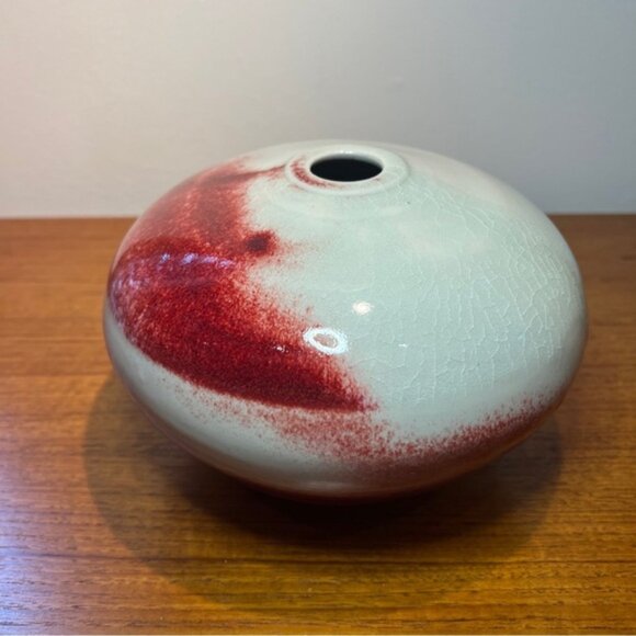 Vintage Studio Art Pottery Vase Signed 5” Redgrey Glossy Crackle Glaze MCM - Picture 7 of 12